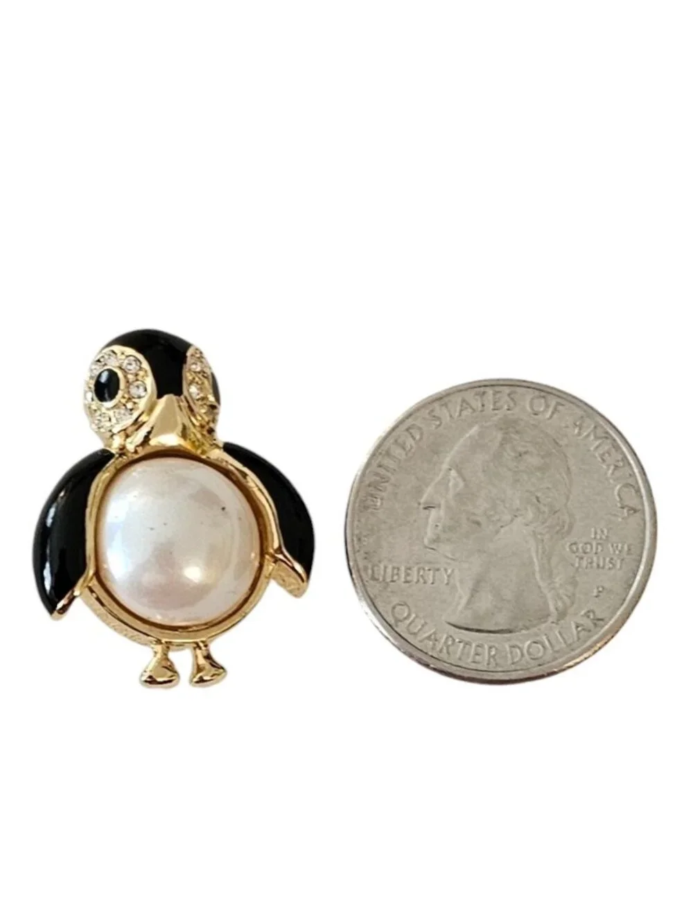 Marvella Penguin Pin Faux Pearl Clear Rhinestone Black Enamel Brooch Signed L643